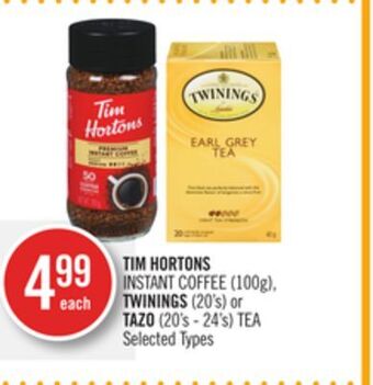 Shoppers Drug Mart Tim hortons instant coffee (100g), twinings (20's) or tazo (20's - 24's) tea offer