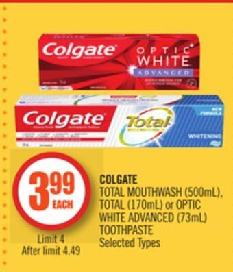 Shoppers Drug Mart Colgate total mouthwash (500ml), total (170ml) or optic white advanced (73ml) toothpaste offer