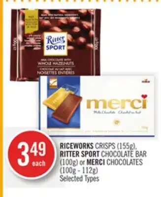 Shoppers Drug Mart Riceworks crisps (155g), ritter sport chocolate bar (100g) or merci chocolates (100g - 112g) offer