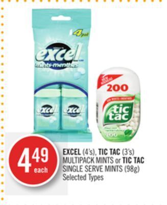 Shoppers Drug Mart Excel (4's), tic tac (3's) multipack mints or tic tac single serve mints (98g) offer