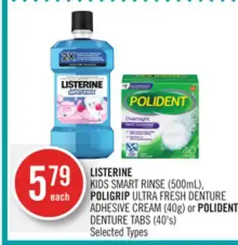 Shoppers Drug Mart Listerine kids smart rinse (500ml), poligrip ultra fresh denture adhesive cream (40g) or polident denture tabs (40's) offer