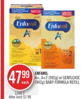 Shoppers Drug Mart Enfamil a+, a+2 (992g) or gentlease (942g) baby formula refill offer
