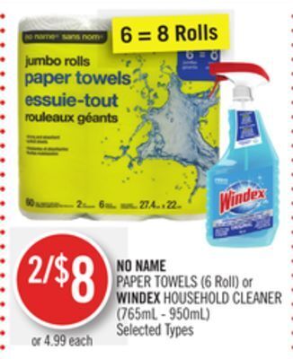 Shoppers Drug Mart No name paper towels (6 roll) or windex household cleaner (765ml - 950ml) offer
