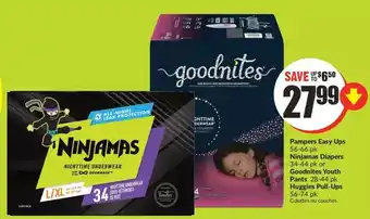 FreshCo Pampers easy ups | ninjamas diapers or goodnites youth pants | huggies pull-ups offer