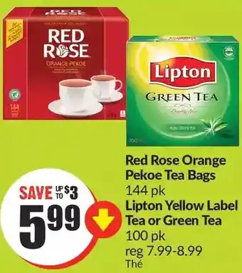 FreshCo Red rose orange pekoe tea bags, lipton yellow label tea or green tea offer