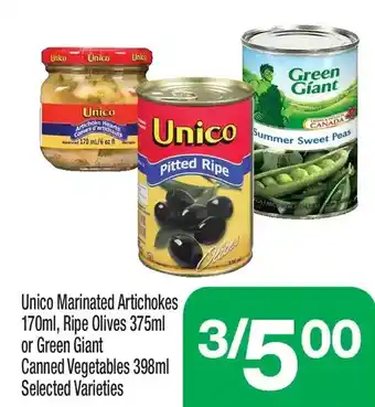Highland Farms Unico marinated artichokes, rive olives or green giant canned vegetables offer