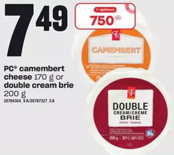 Loblaws Pc camembert cheese or double cream brie offer