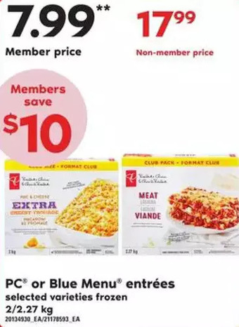 Loblaws Pc or blue menu entrees offer