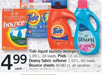 Fortinos Tide liquid laundry detergent, pods downy fabric softener, bounce sheets offer