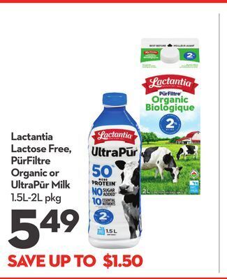 Longo's Lactantia lactose free, pürfiltre organic or ultrapūr milk offer