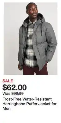 Old Navy Frost-free water-resistant herringbone puffer jacket for men offer