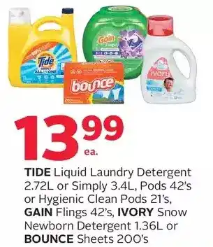 Rexall Tide liquid laundry detergent or simply, pods or hygienic clean pods, gain flings, ivory snow newborn detergent or bounce she offer