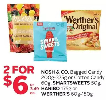Rexall Nosh & co. bagged candy or cotton candy, smartsweets, haribo or werther's offer