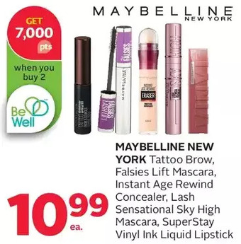 Rexall Maybelline new york tattoo brow, falsies lift mascara, instant age rewind concealer, lash sensational sky high mascara, super offer
