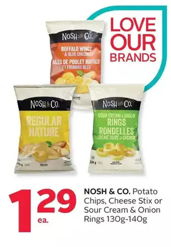 Rexall Nosh & co. potato chips, cheese stix or sour cream & onion rings offer