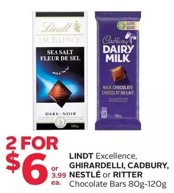 Rexall Lindt excellence, ghirardelli, cadbury, nestlé or ritter chocolate bars offer