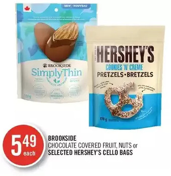 Shoppers Drug Mart Brookside chocolate covered fruit, nuts or hershey's cello bags offer