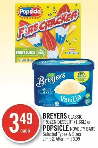 Shoppers Drug Mart Breyers classic frozen dessert or popsicle novelty bars offer