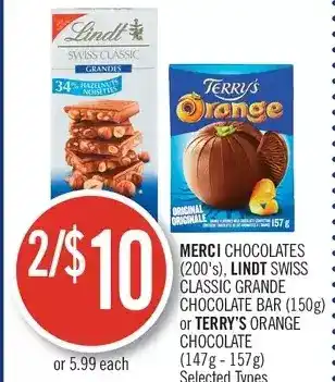 Shoppers Drug Mart Merci chocolates, lindt swiss classic grande chocolate bar or terry's orange chocolate offer