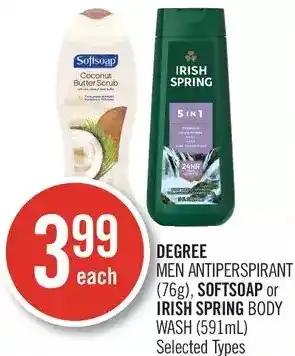 Shoppers Drug Mart Degree men antiperspirant, softsoap or irish spring body wash offer