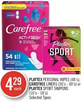Shoppers Drug Mart Playtex personal wipes, carefree liners or playtex sport tampons offer