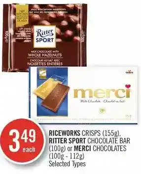 Shoppers Drug Mart Riceworks crisps, ritter sport chocolate bar or merci chocolates offer