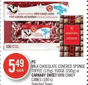 Shoppers Drug Mart Pc milk chocolate covered sponge toffee, fudge or carnaby sweet mini candy canes offer