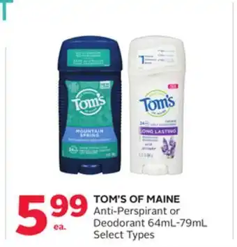Rexall Tom's of maine anti-perspirant or deodorant 64ml-79ml offer