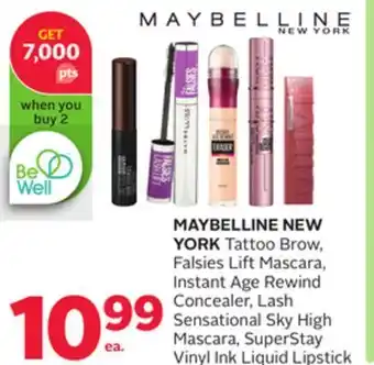 Rexall Maybelline new york tattoo brow, falsies lift mascara, instant age rewind concealer, lash sensational sky high mascara, super offer
