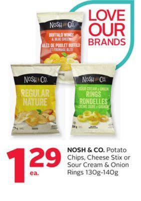 Rexall Nosh & co. potato chips, cheese stix or sour cream & onion rings 130g-140g offer