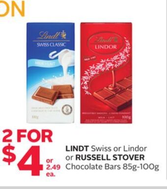 Rexall Lindt swiss or lindor or russell stover chocolate bars 85g-100g offer