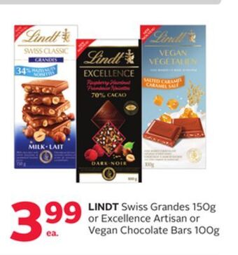 Rexall Lindt swiss grandes 150g or excellence artisan or vegan chocolate bars 100g offer
