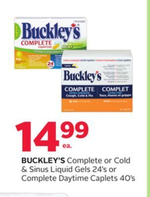 Rexall Buckley's complete or cold & sinus liquid gels 24's or complete daytime caplets 40's offer