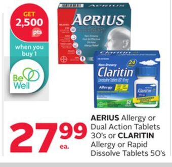 Rexall Aerius allergy or dual action tablets 30's or claritin allergy or rapid dissolve tablets 50's offer