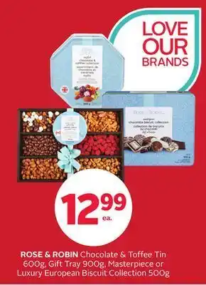 Rexall Rose & robin chocolate & toffee tin 600g, gift tray 900g, masterpiece or luxury european biscuit collection 500g offer