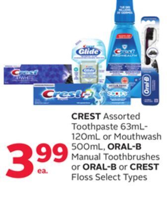 Rexall Crest assorted toothpaste 63ml-120ml or mouthwash 500ml, oral-b manual toothbrushes or oral-b or crest floss offer