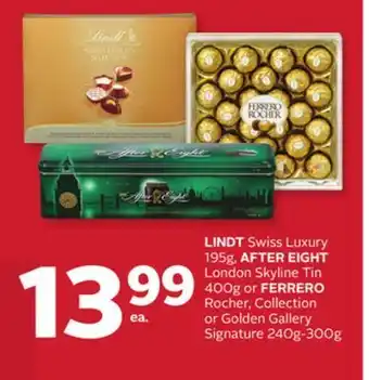 Rexall Lindt swiss luxury 195g, after eight london skyline tin 400g or ferrero rocher, collection or golden gallery signature 240g-3 offer