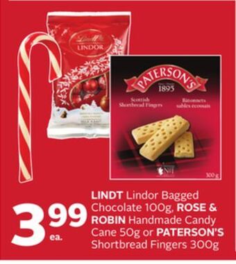 Rexall Lindt lindor bagged chocolate 100g, rose & robin handmade candy cane 50g or paterson's shortbread fingers 300g offer