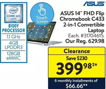 Walmart Asus 14" fhd flip chromebook c433 2-in-1 convertible laptop offer