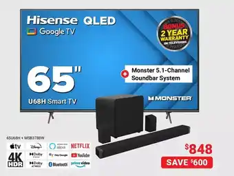 Visions Electronics Hisense qled 65" u68h smart tv + monster 5.1-channel soundbar system offer