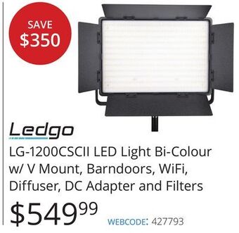 Vistek Ledgo lg-1200cscii led light bi-colour w/ v mount, barndoors, wifi, diffuser, dc adapter and filters offer