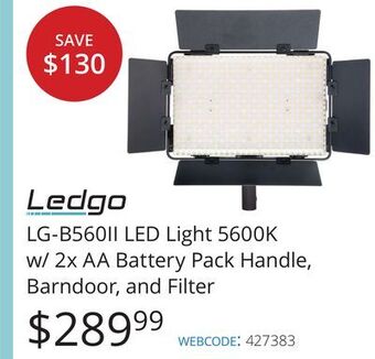 Vistek Ledgo lg-b560ii led light 5600k w/ 2x aa battery pack handle, barndoor, and filter offer