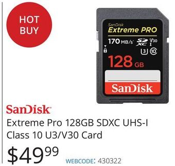 Vistek Sandisk extreme pro 128gb sdxc uhs-i class 10 u3/v30 offer