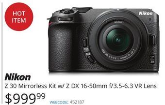 Vistek Nikon z 30 mirrorless kit w/z dx 16-50mm f/3.5-6.3 vr lens offer