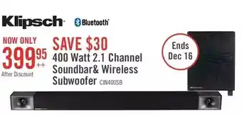 The Brick Klipsch 400 watt 2.1 channel soundbar & wireless subwoofer offer