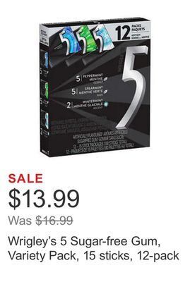 Costco Wrigley's 5 sugar-free gum, variety pack, 15 sticks, 12-pack offer