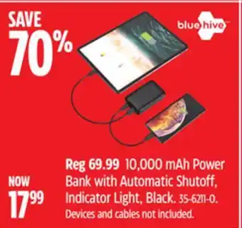 Canadian Tire Bluehive 10,000 mah power bank with automatic shutoff, indicator light, black offer