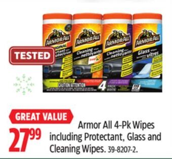 Canadian Tire Armor all 4-pk wipes including protectant, glass and cleaning wipes offer