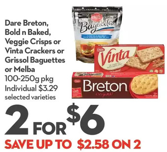 Longo's Dare breton, bold n baked, veggie crisps or vinta crackers or grissol baguettes or melba offer