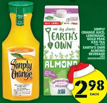 Food Basics Simply orange juice, lemonade, gold peak iced tea | earth's own almond beverage offer
